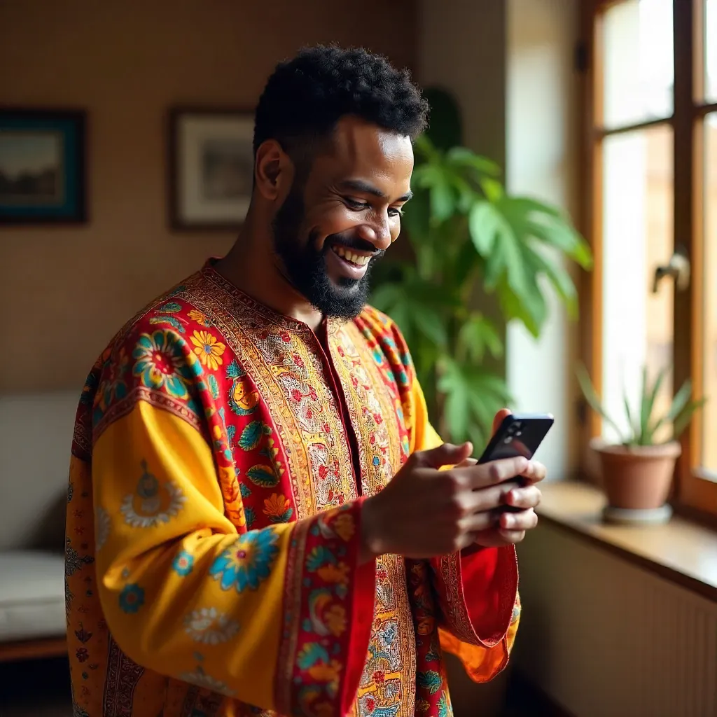Cheerful man in traditional attire holding a smartphone indoors