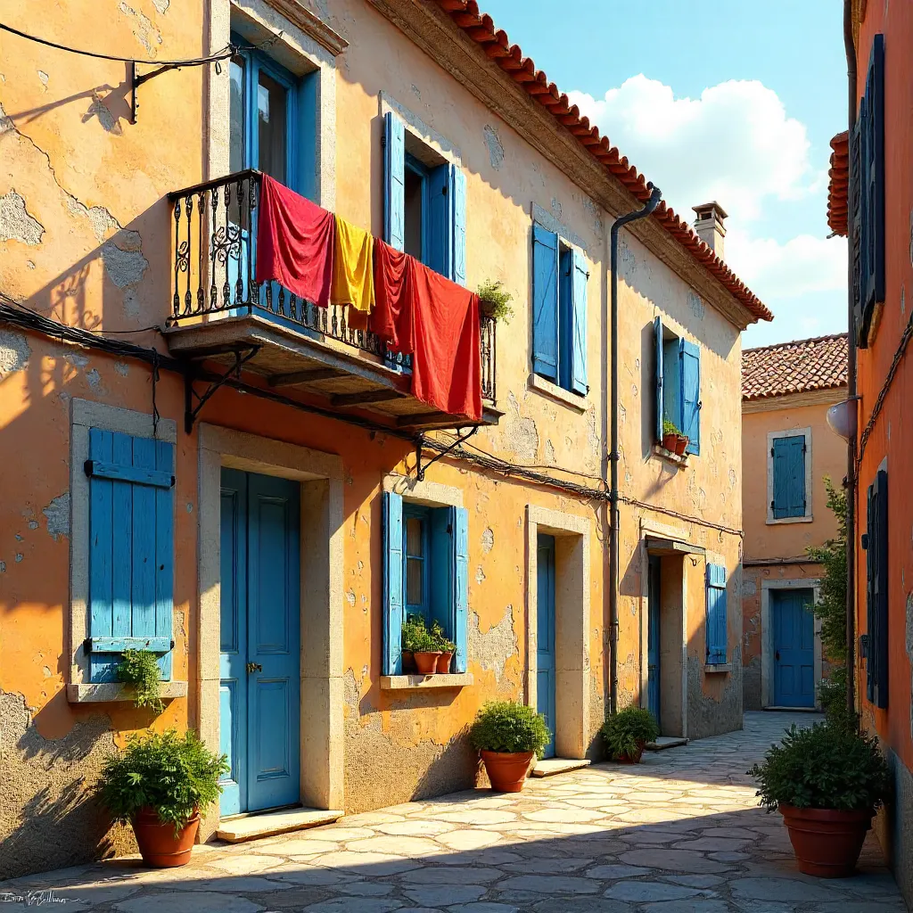 Weathered Mediterranean Facade with Colorful Laundry