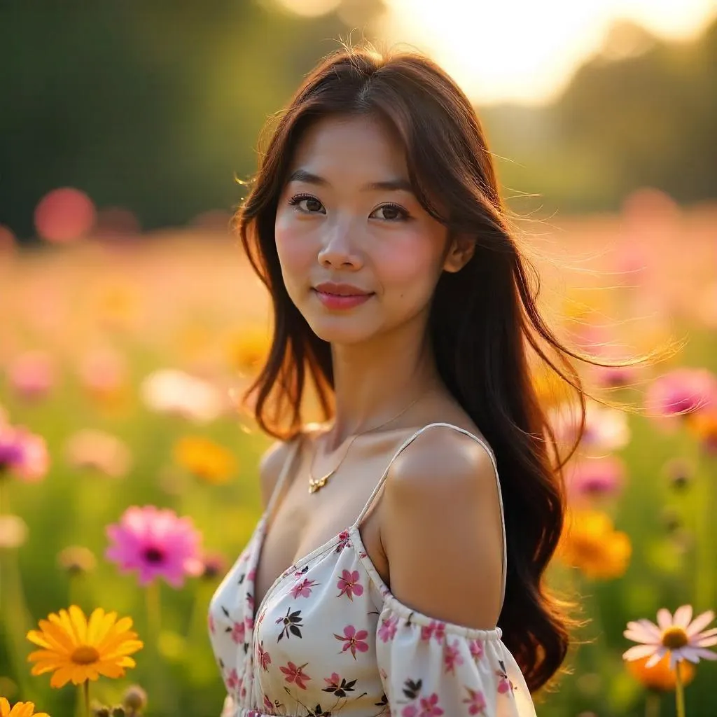 Photorealistic Asian Woman in a Field of Flowers