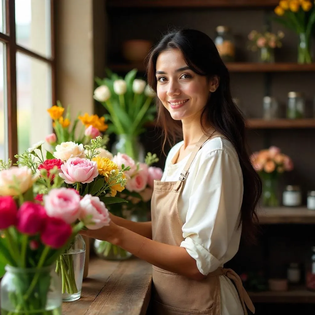 Photorealistic Portrait: Young Middle Eastern Woman in a Flower Shop