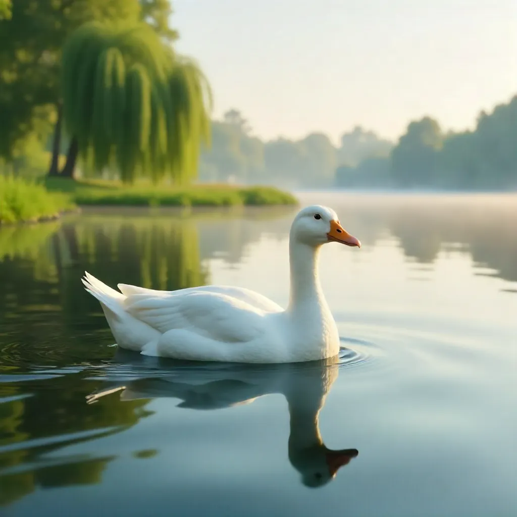 Gliding White Duck on a Glassy Lake
