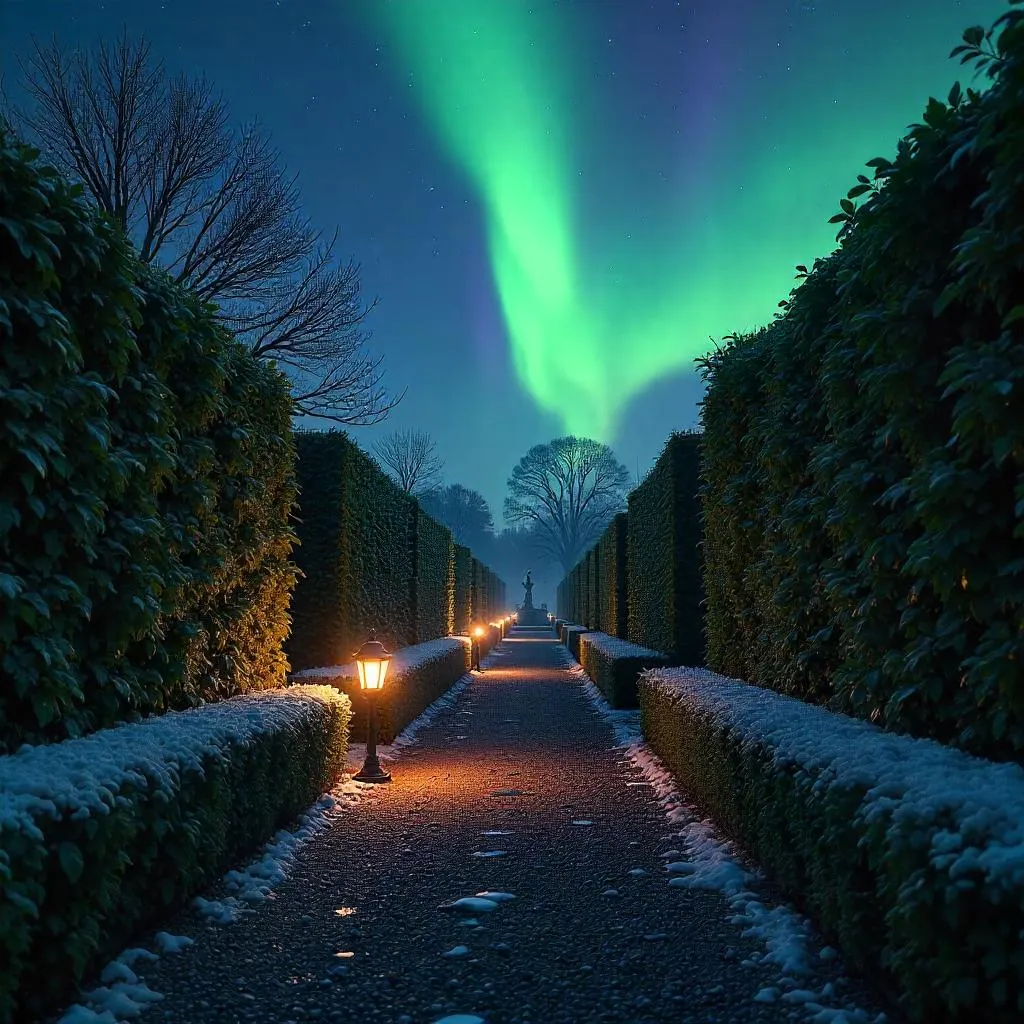 Aurora Over a Photorealistic Hedge Maze at Night