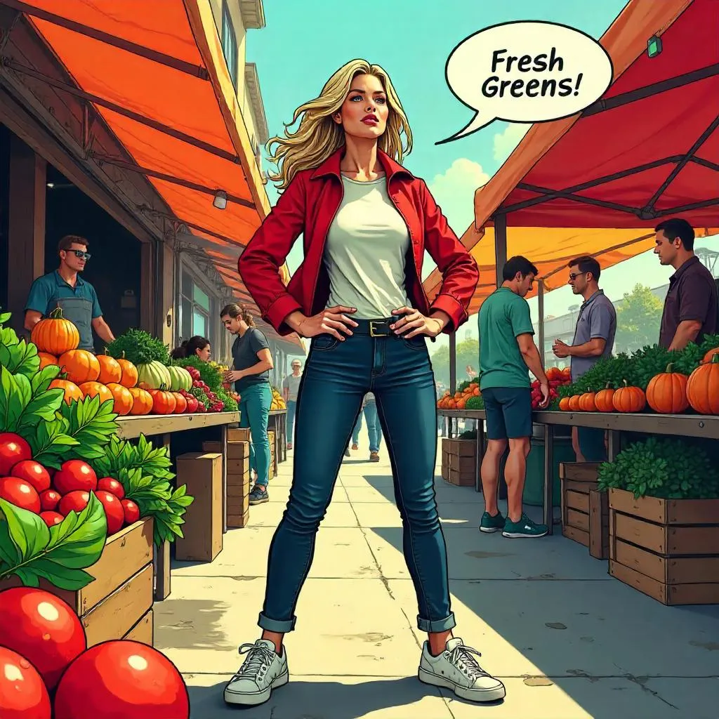 Confident Woman at Farmers Market in Comic Style