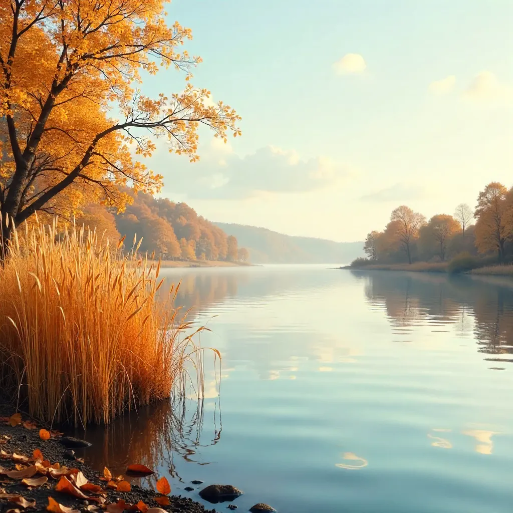 Autumn Golden Reeds by the Tranquil River