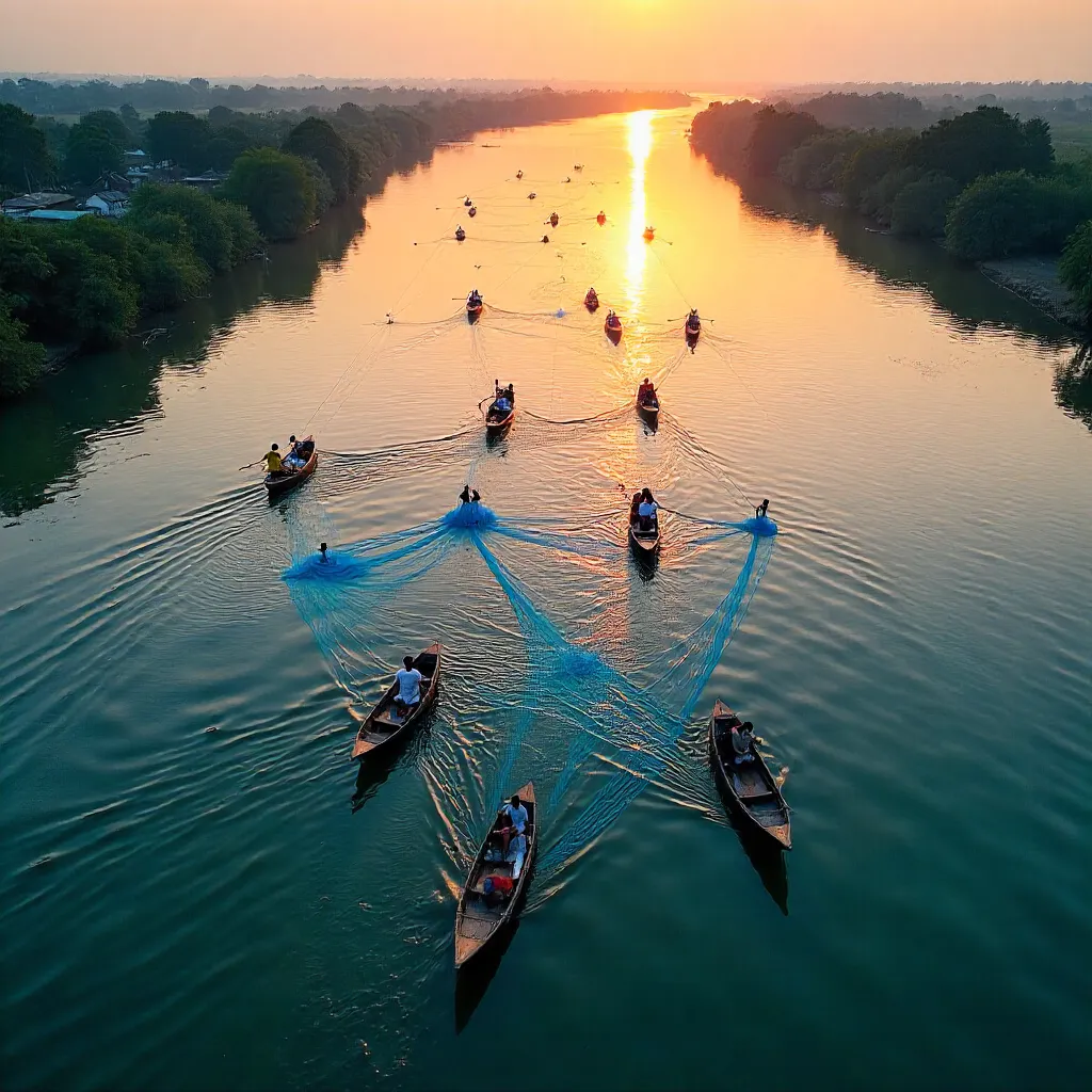 Aerial View: Bengal Fishermen with Blue Nets