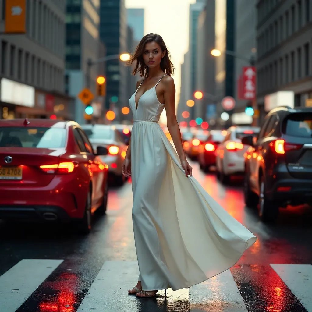 White Dress in City Traffic: Striking Contrast