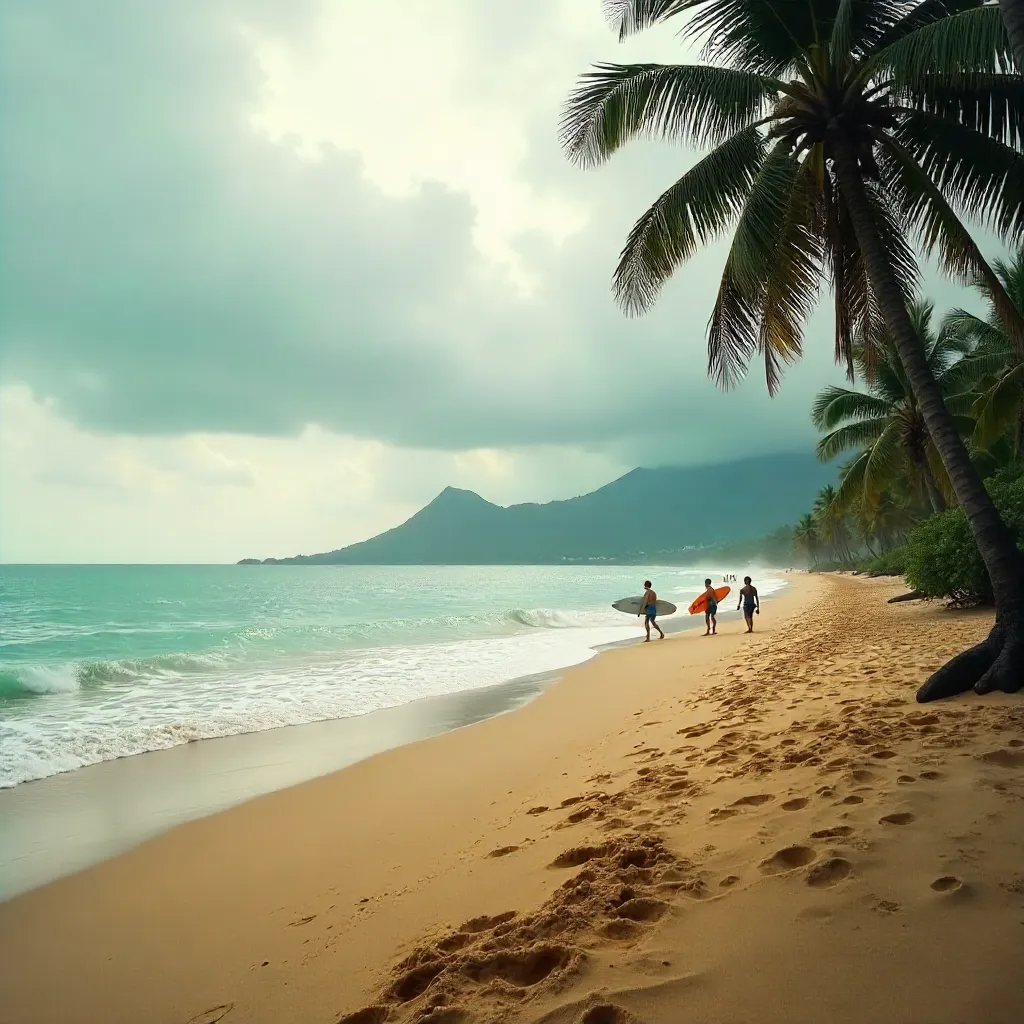 Peaceful Bali Beach: Surfers Under Cloudy Sky