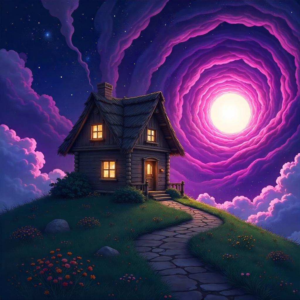 Anime Cottage Drifting Inside a Cosmic Black Hole