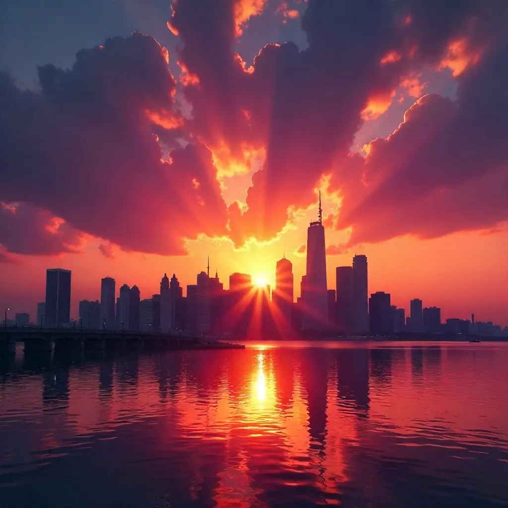 Silhouette City Skyscrapers at a Crimson Sunset