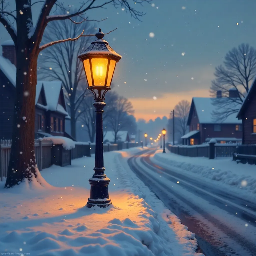 Warm Lamp Post in a Snowy Winter Night