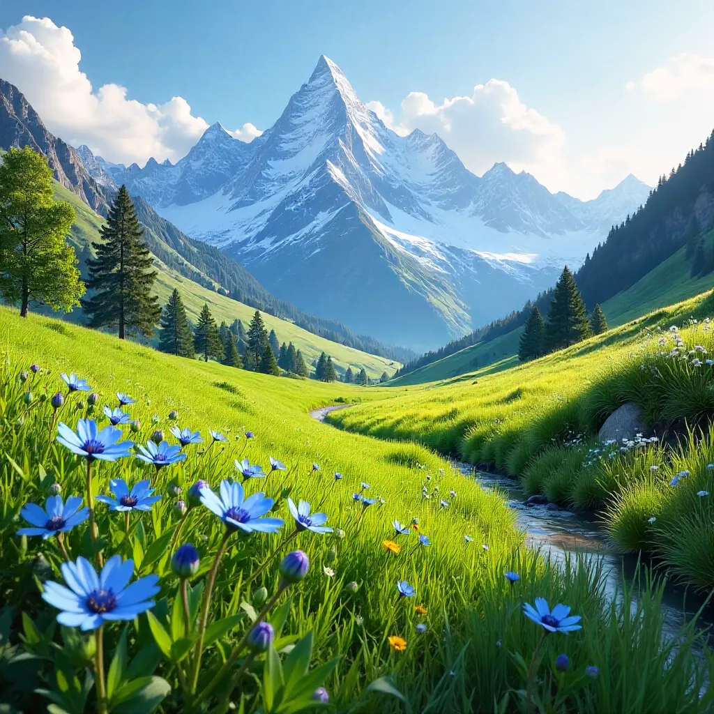 Spring Meadow Before Snow-Capped Peaks