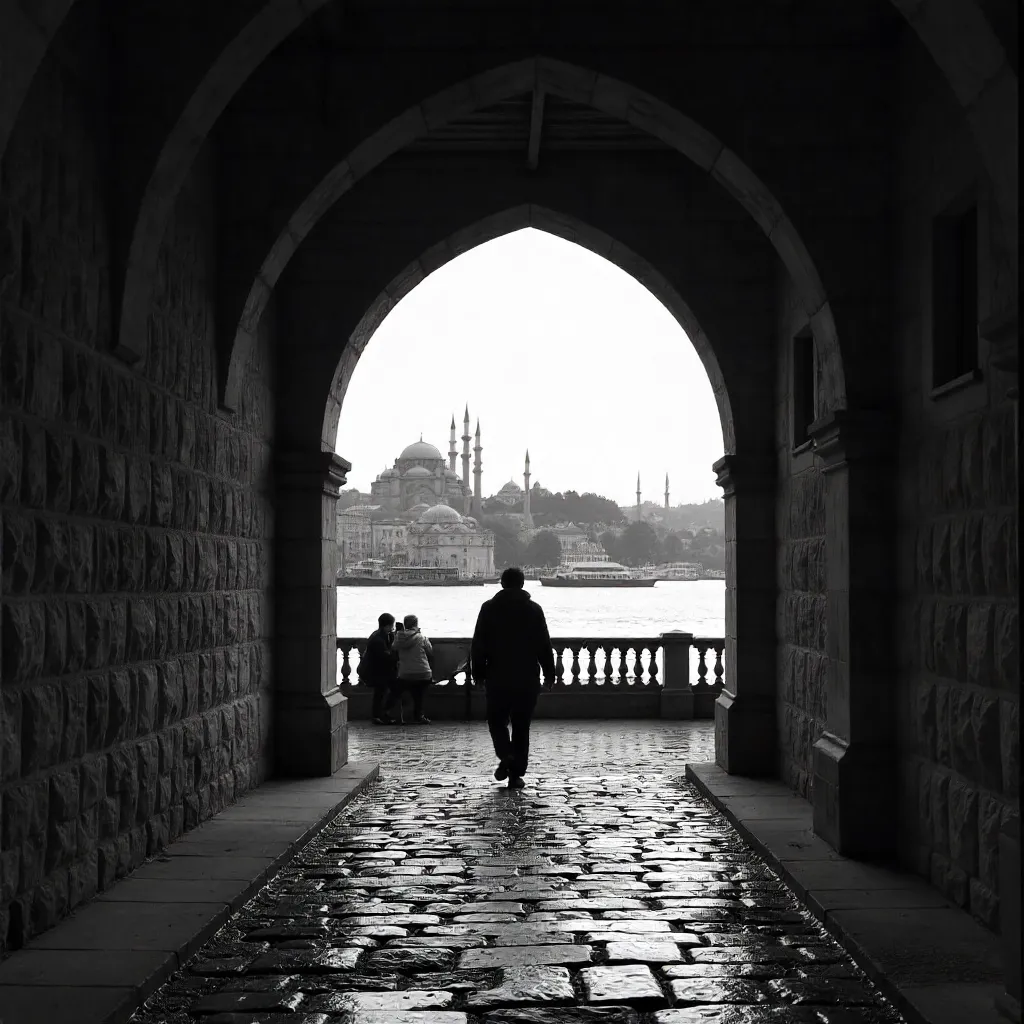Silhouette Through Istanbul Archway in Black and White