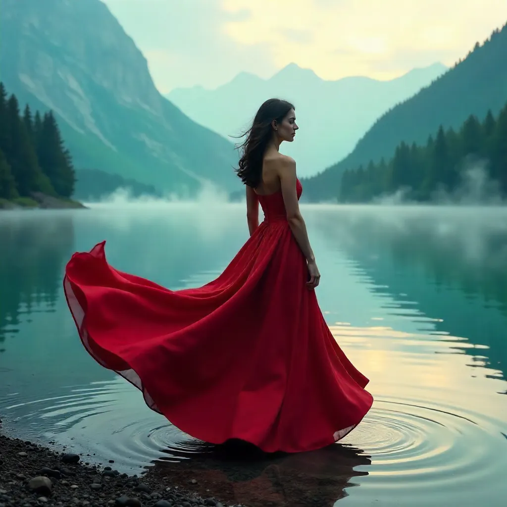 Mist over Turquoise Lake: Red Dress in Motion