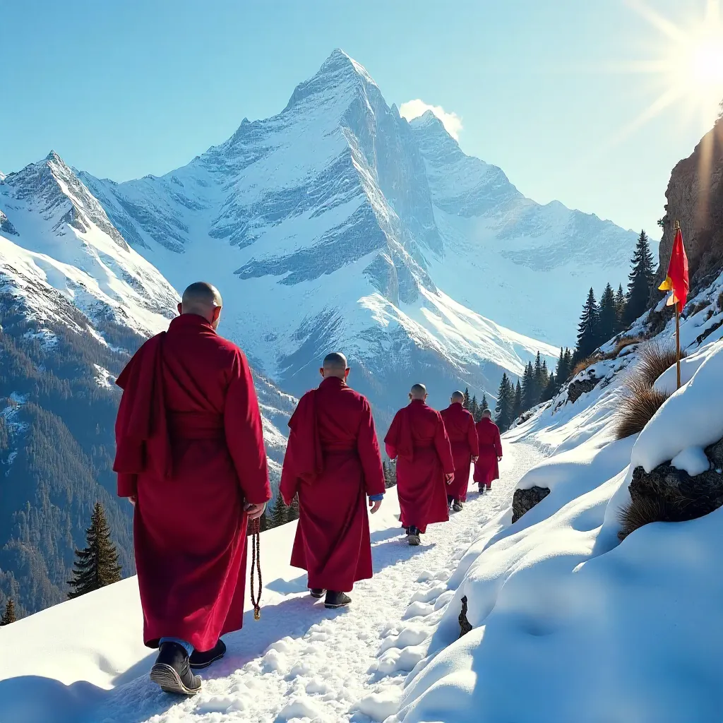 Monks in Red Robes Among Snowy Peaks
