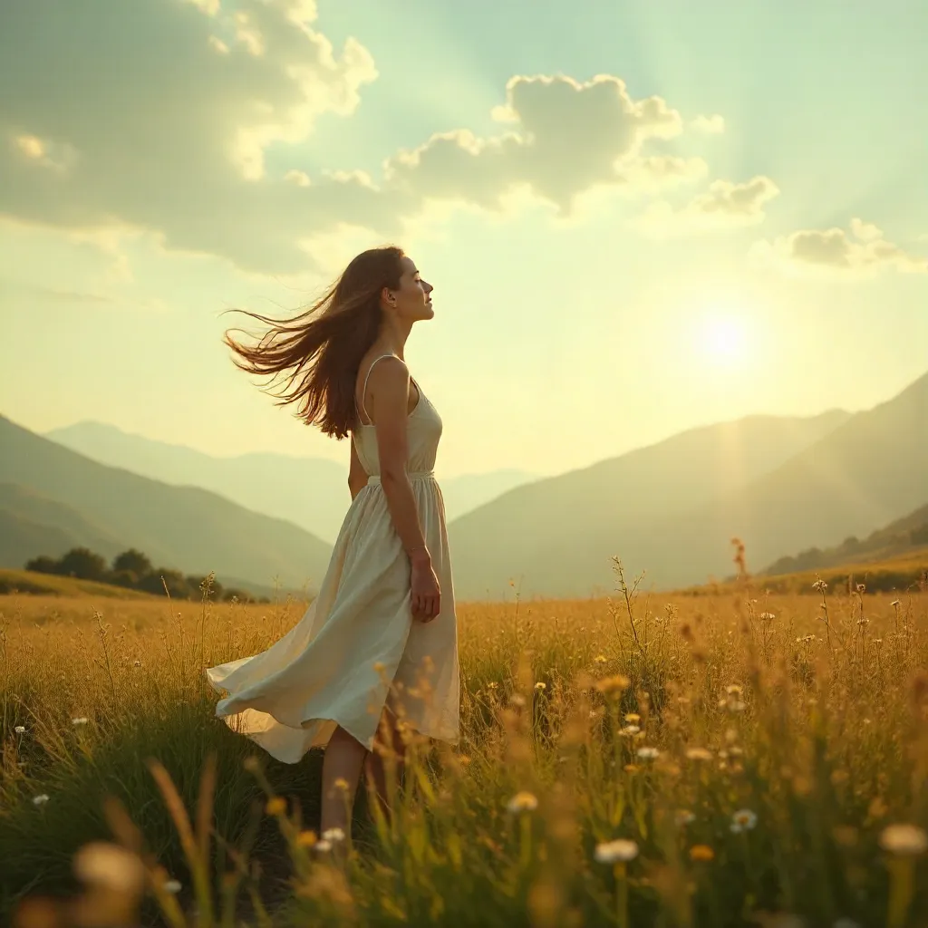 Tranquil Windlit Moment: Woman Gazing Skyward