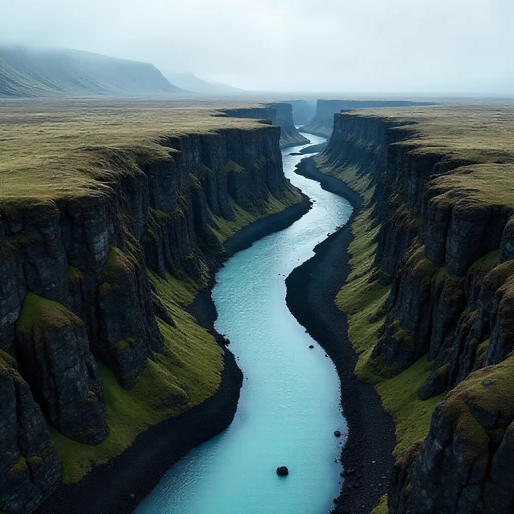 Aerial View of Bleak Icelandic Rock Formations by a River