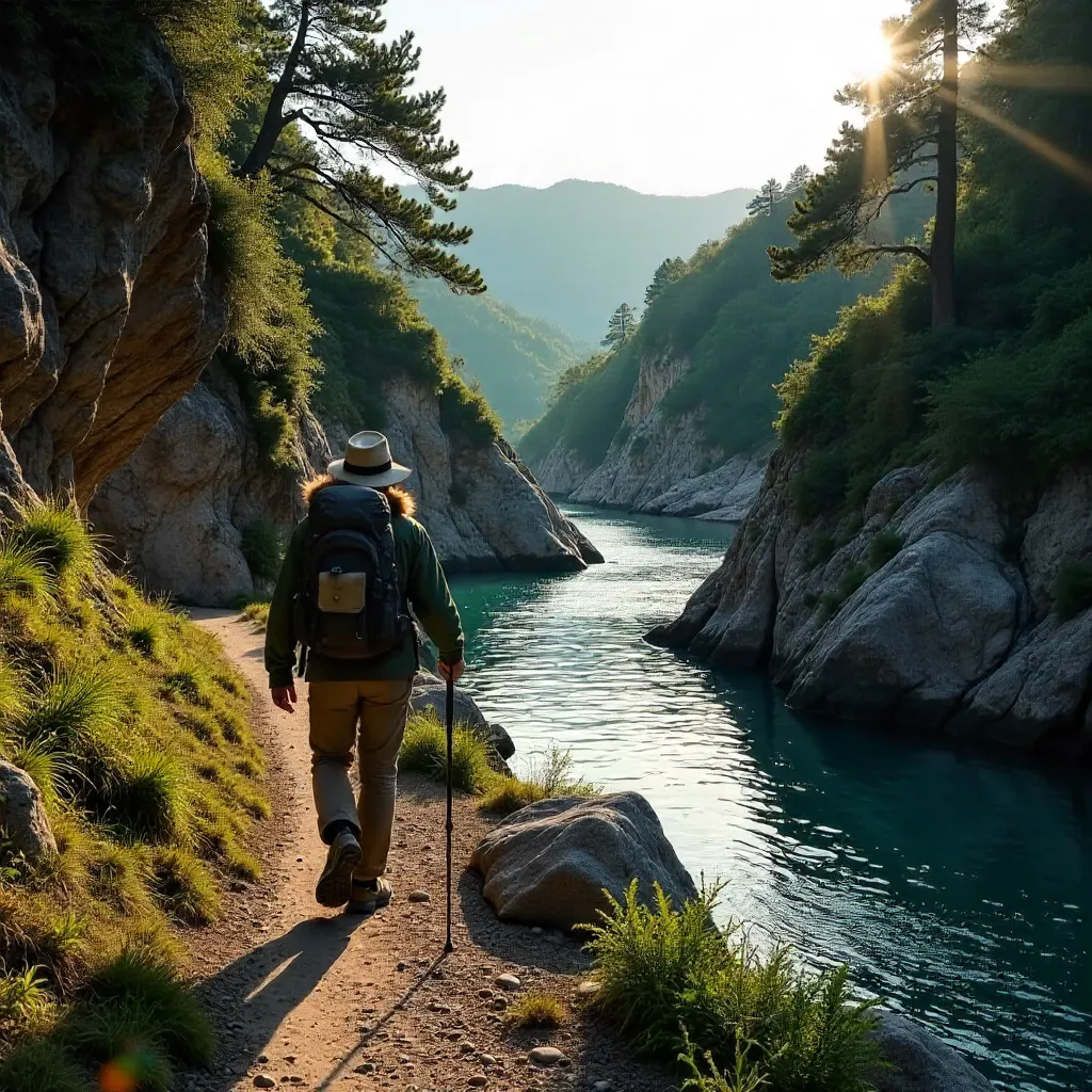 Hiker on a Rugged River Trail in Arouca, Portugal