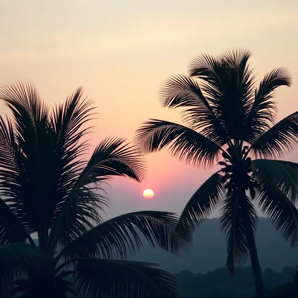 Silhouette of Palm Leaves at a Muted Sunset