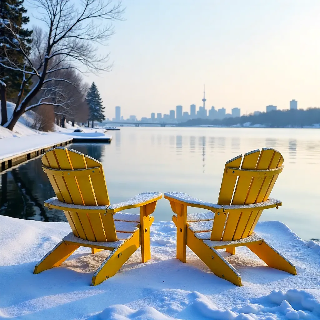 Snow-Covered Muskoka Chairs Over Lake Ontario