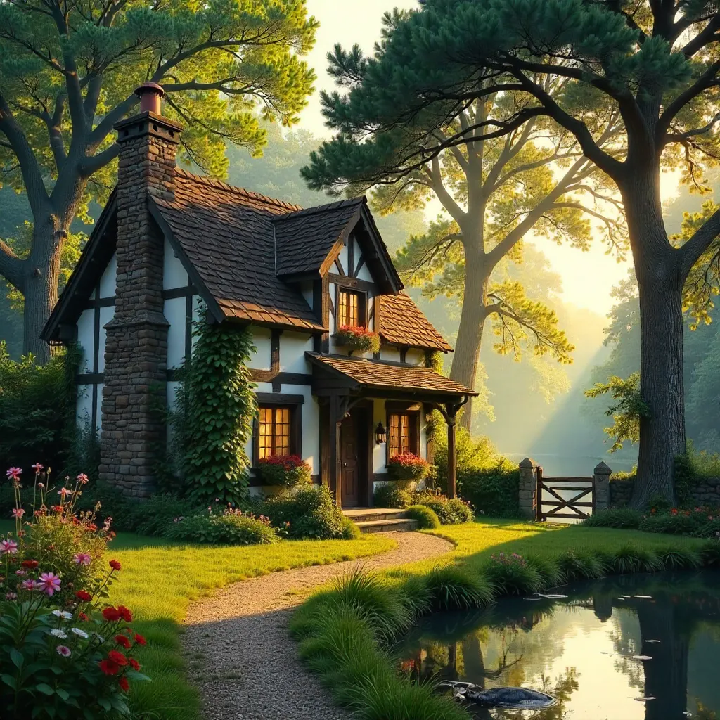 Rustic Cottage Amid Tall Trees in Tranquil Light