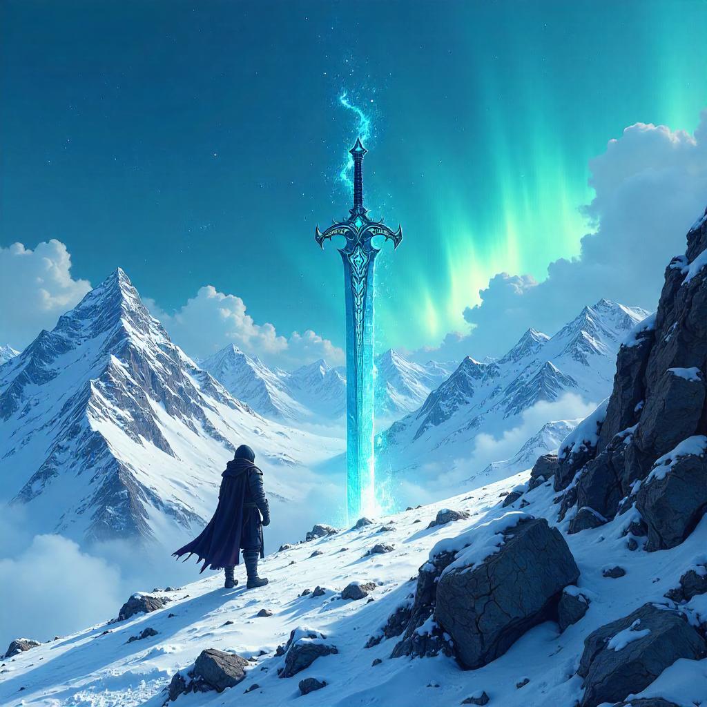 Enchanted Sword on a Snowy Summit (Anime Style)