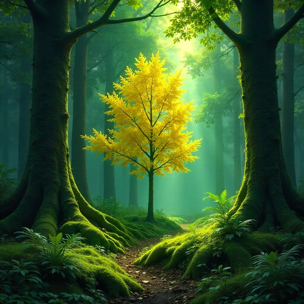 The Golden Tree in a Lush Green Forest