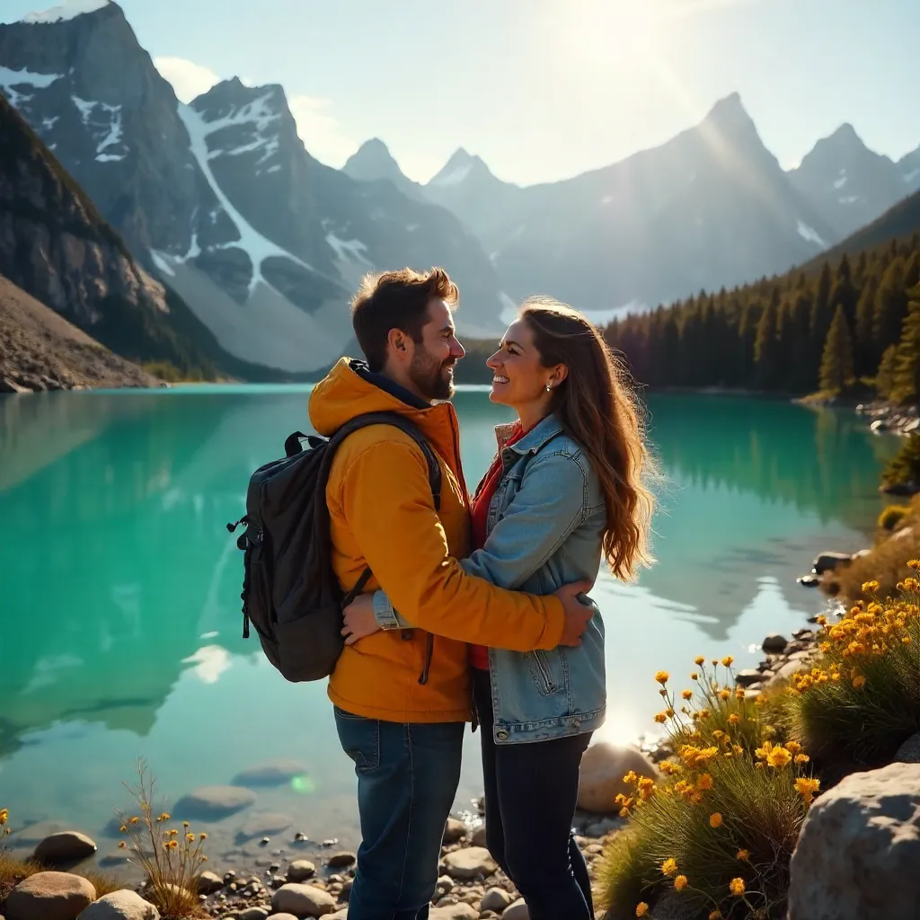 Joyful embrace by a Patagonian lake