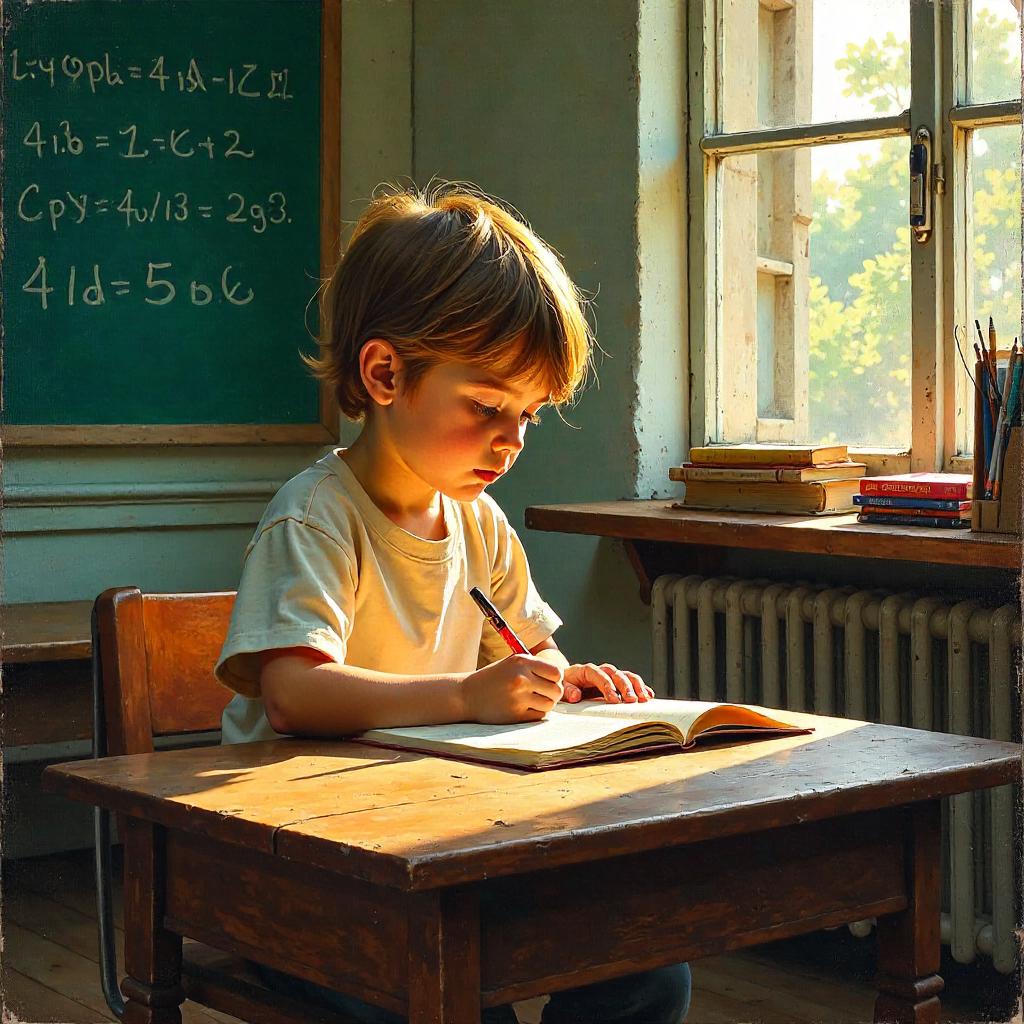 Oil Painting of a Child in a School Classroom