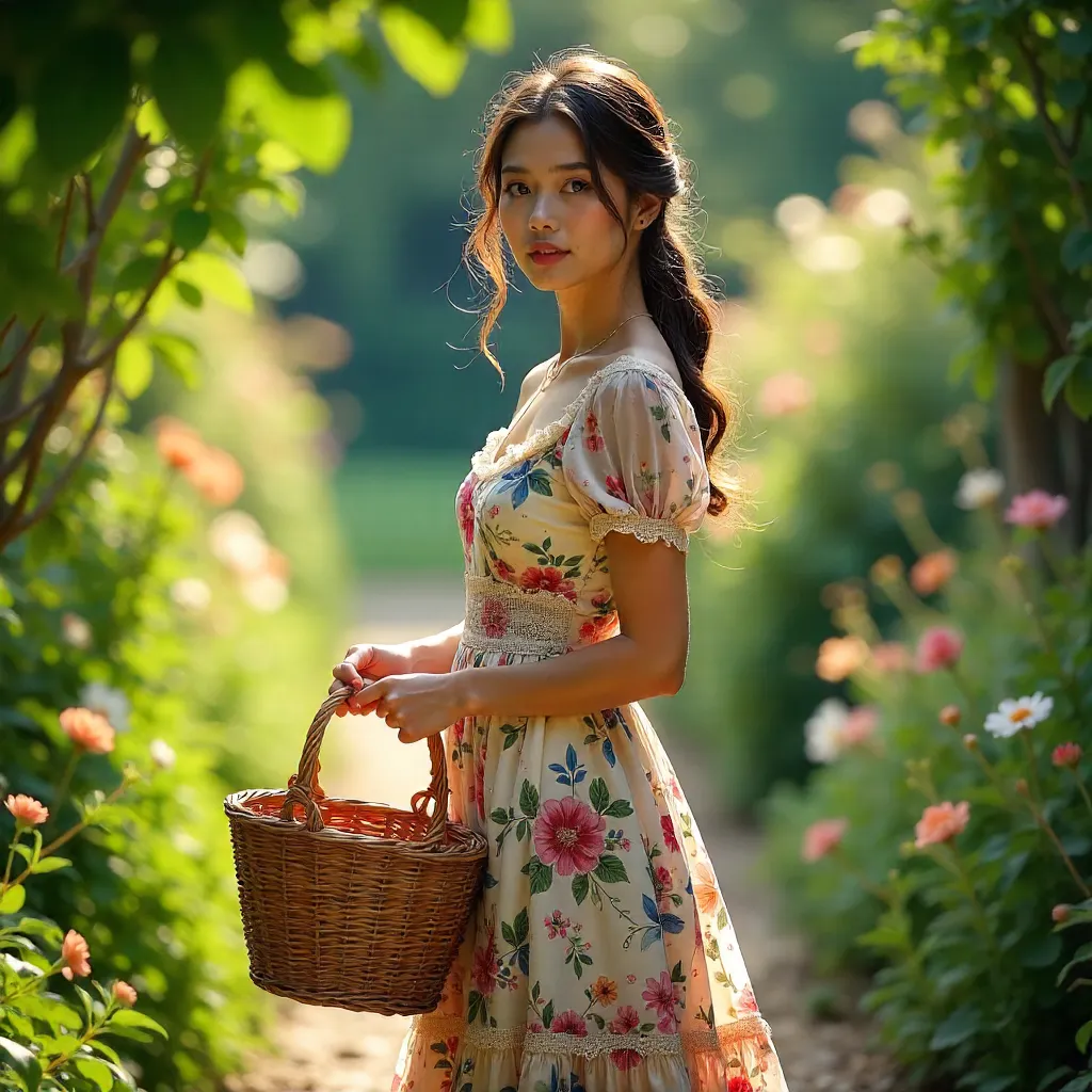 Woman in Floral Dress with Basket in Lush Garden