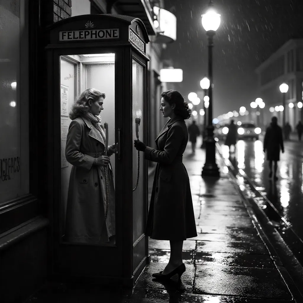 Nostalgic Black-and-White Phone Booth Portrait