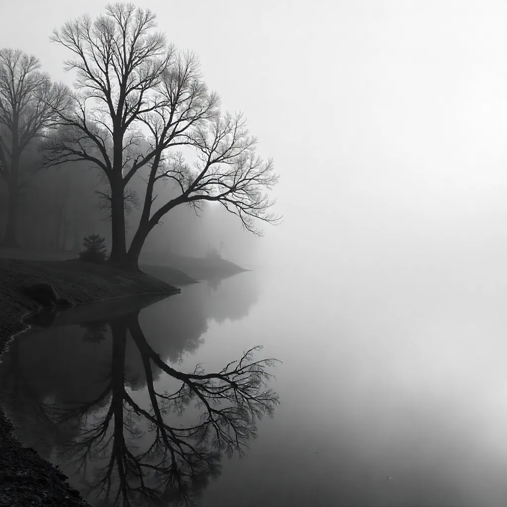 Mist-Laden Lake: Black and White with Bare Branches