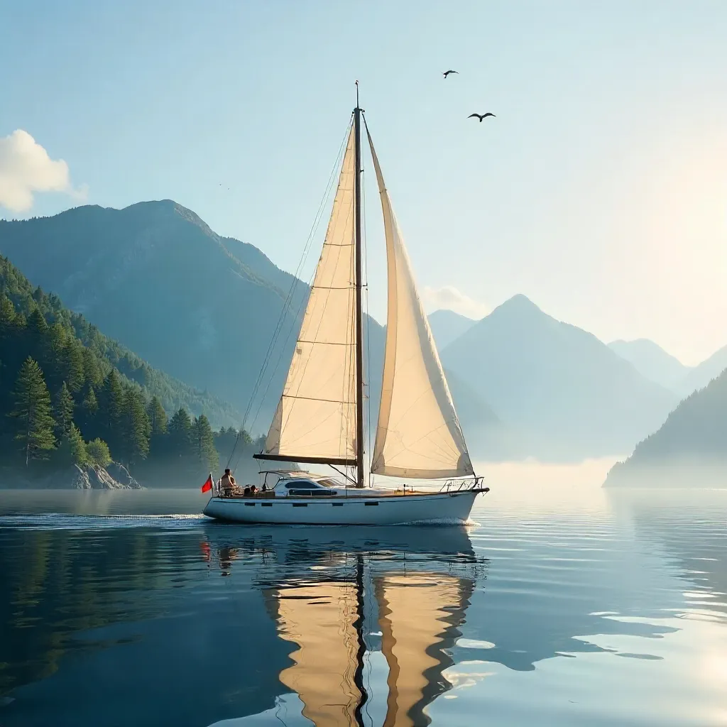 Sailboat with Full Sails on Tranquil Forested Mountain Backdrop