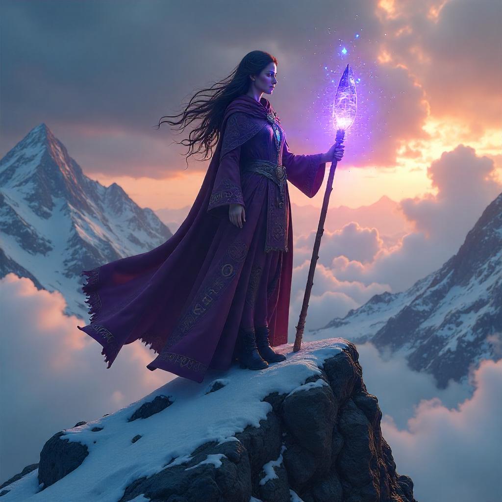Sorceress on a Windswept Mountain Peak - 3D Render