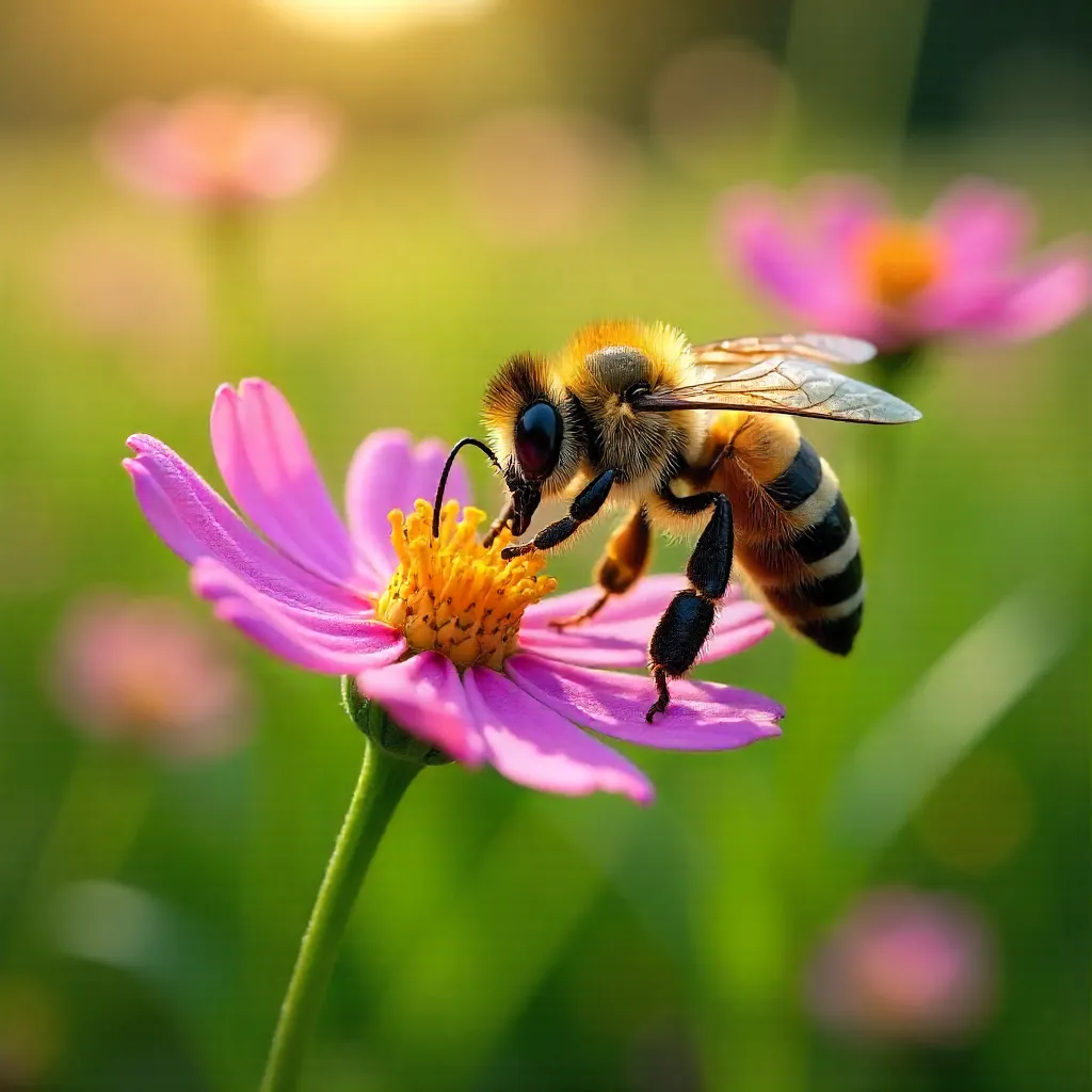 Macro shot of a honeybee pollinating a pink wildflower in a meadow