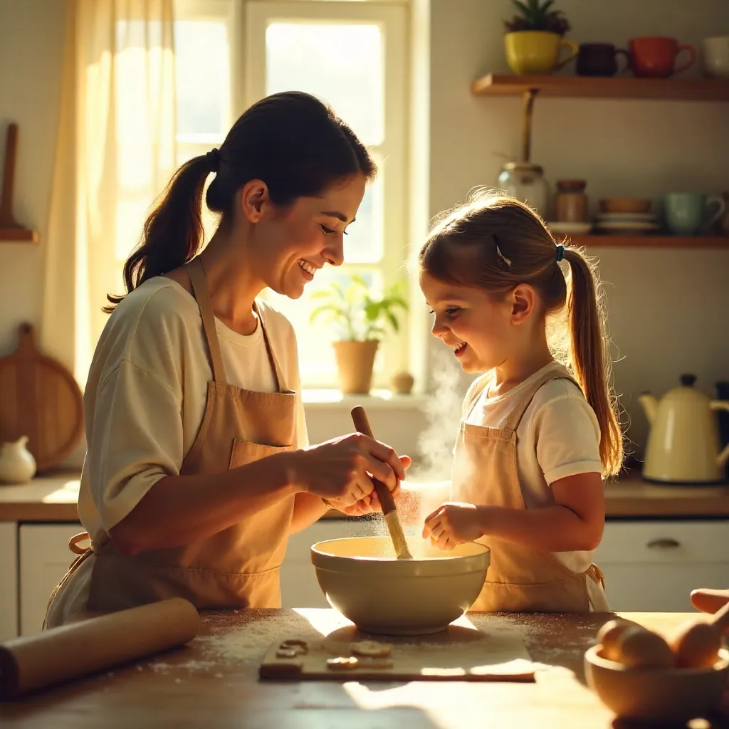 Joyful Mother and Daughter Baking in Cozy Kitchen