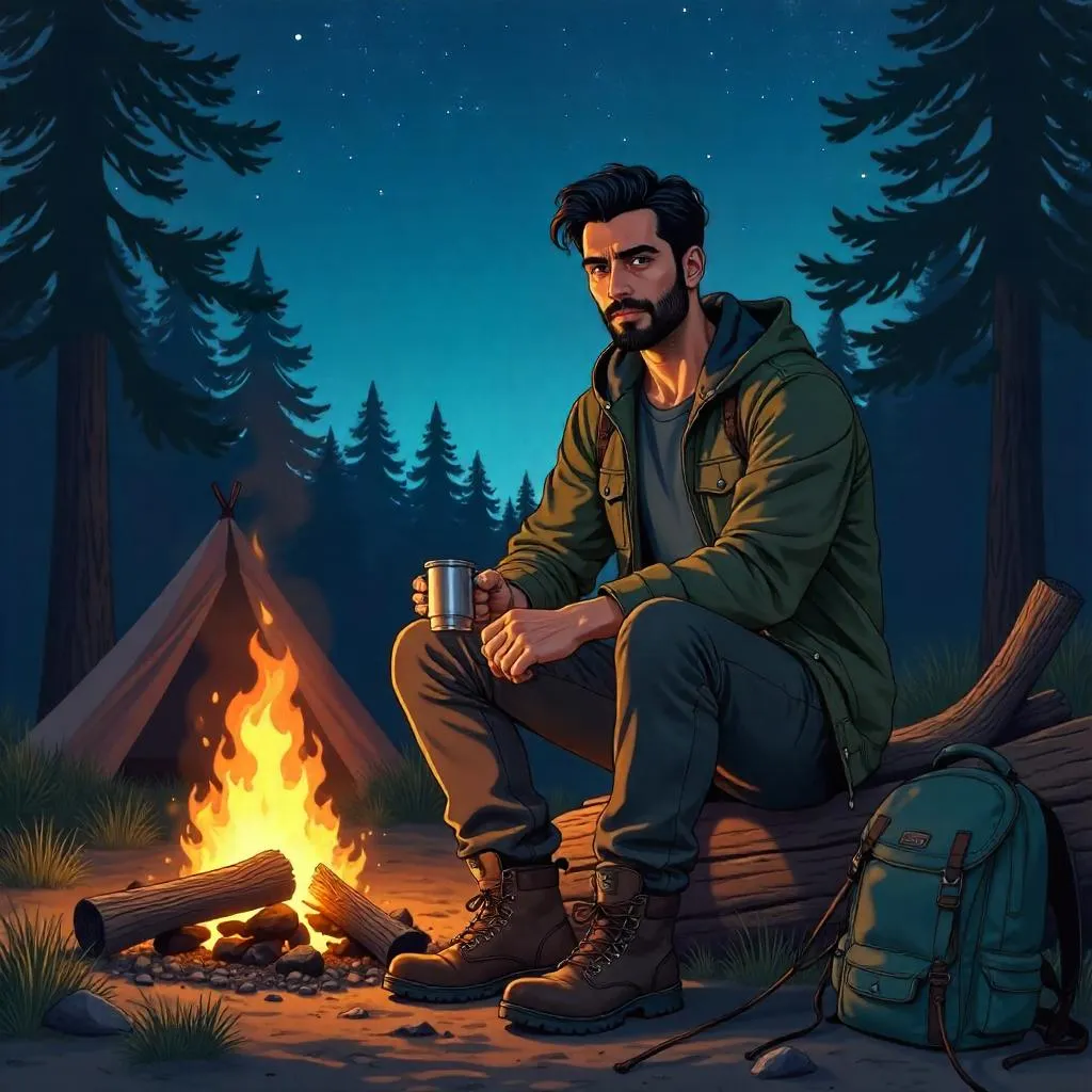 Anime-Style Handsome Middle Eastern Man Camping