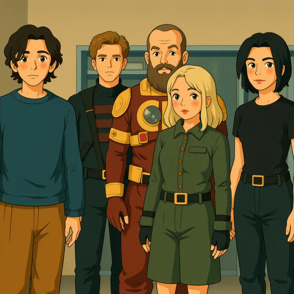 Wyatt Russell, David Harbour, Sebastian Stan, Hannah John-Kamen, Lewis Pullman, and Florence Pugh in Thunderbolts* (2025) - Ghibli style