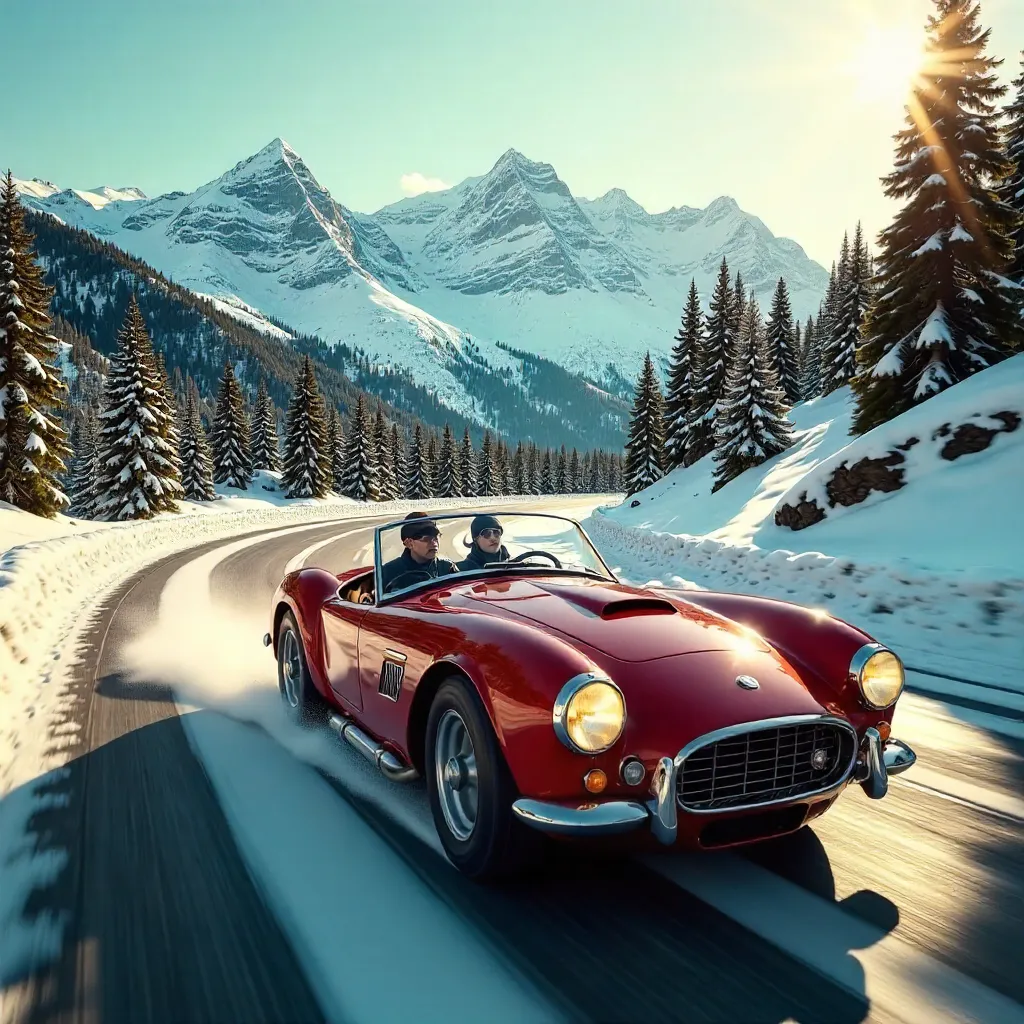 Vintage Sports Car on Alpine Snow Adventure