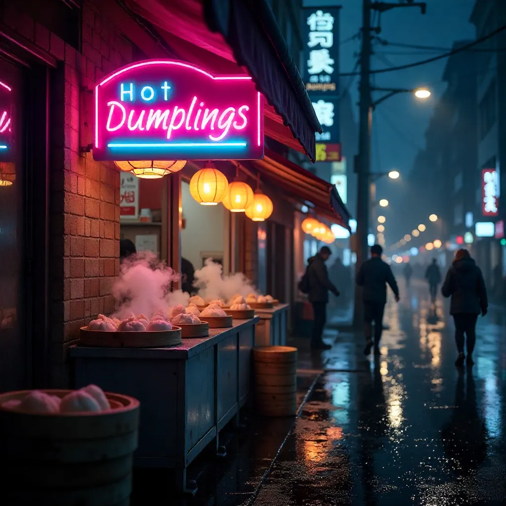 Neon Hot Dumplings Sign at Night Market