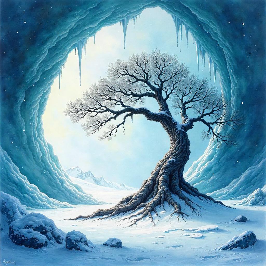 Watercolor Tree in a Glacial Ice Cave