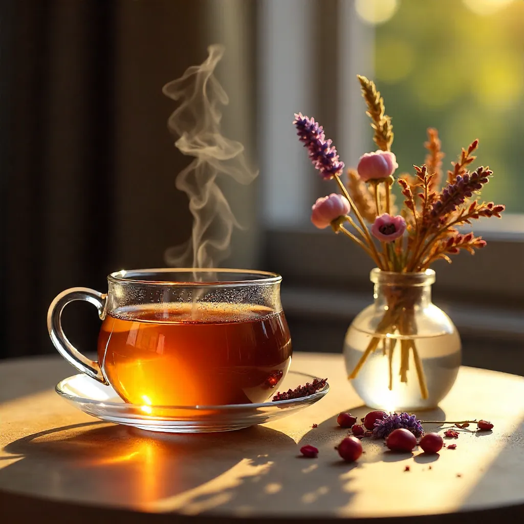 Glass Teapot and Cup with Dried Florals in Golden Hour