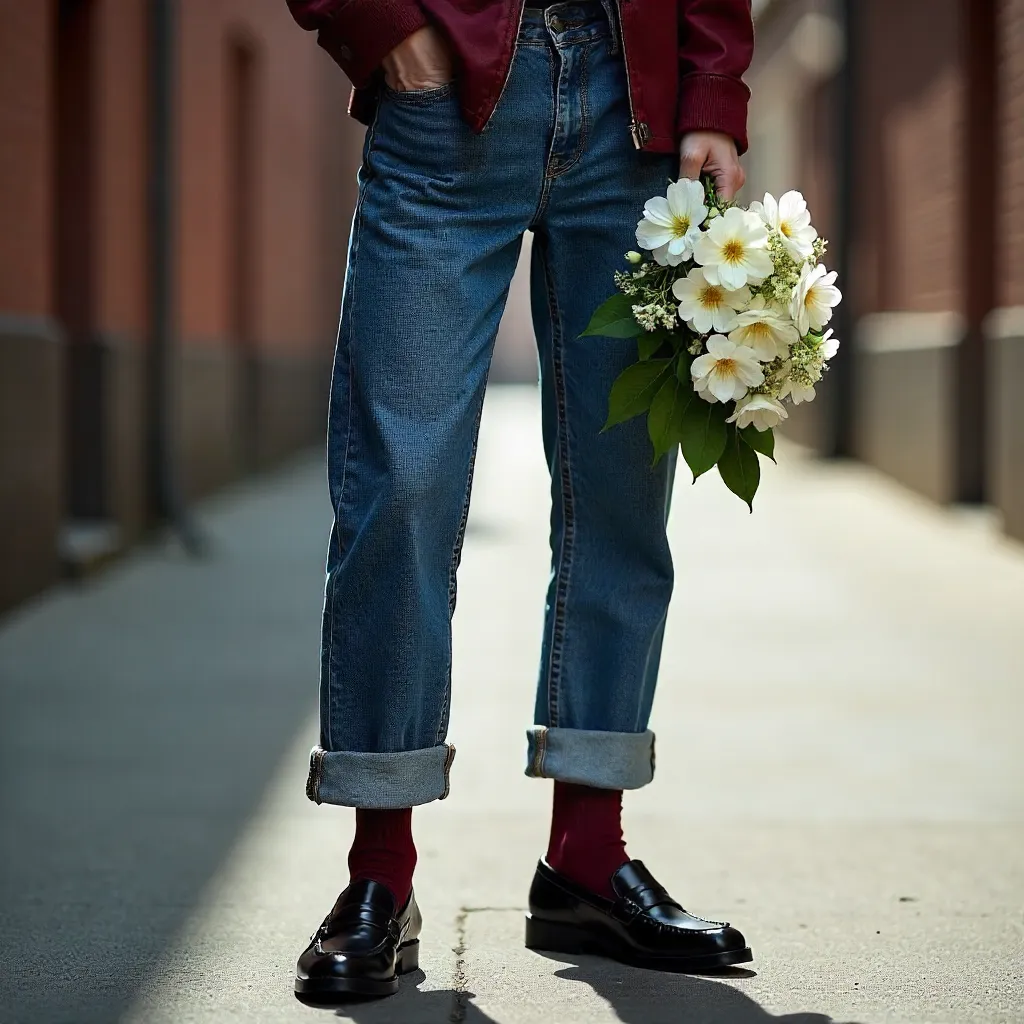Glossy Loafers, Maroon Socks, White Flowers