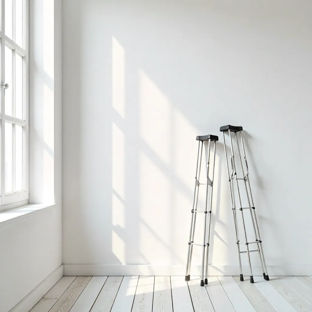 Minimalist Crutches Leaning on a White Wall