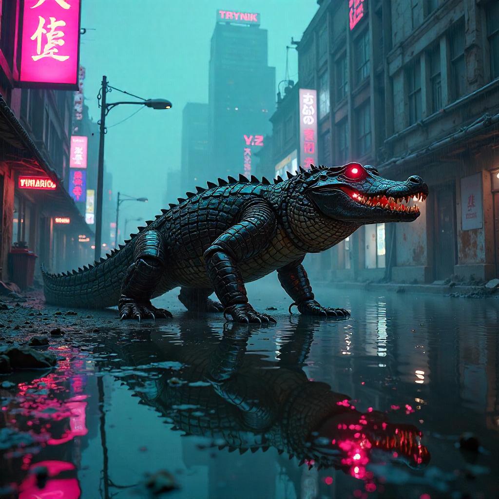 Crocodile Cyborg Guard in the Neon Lost City
