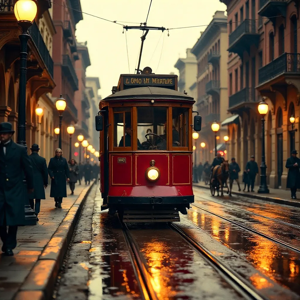 Vintage Streetcar on a Vibrant Red Track in a Historic City
