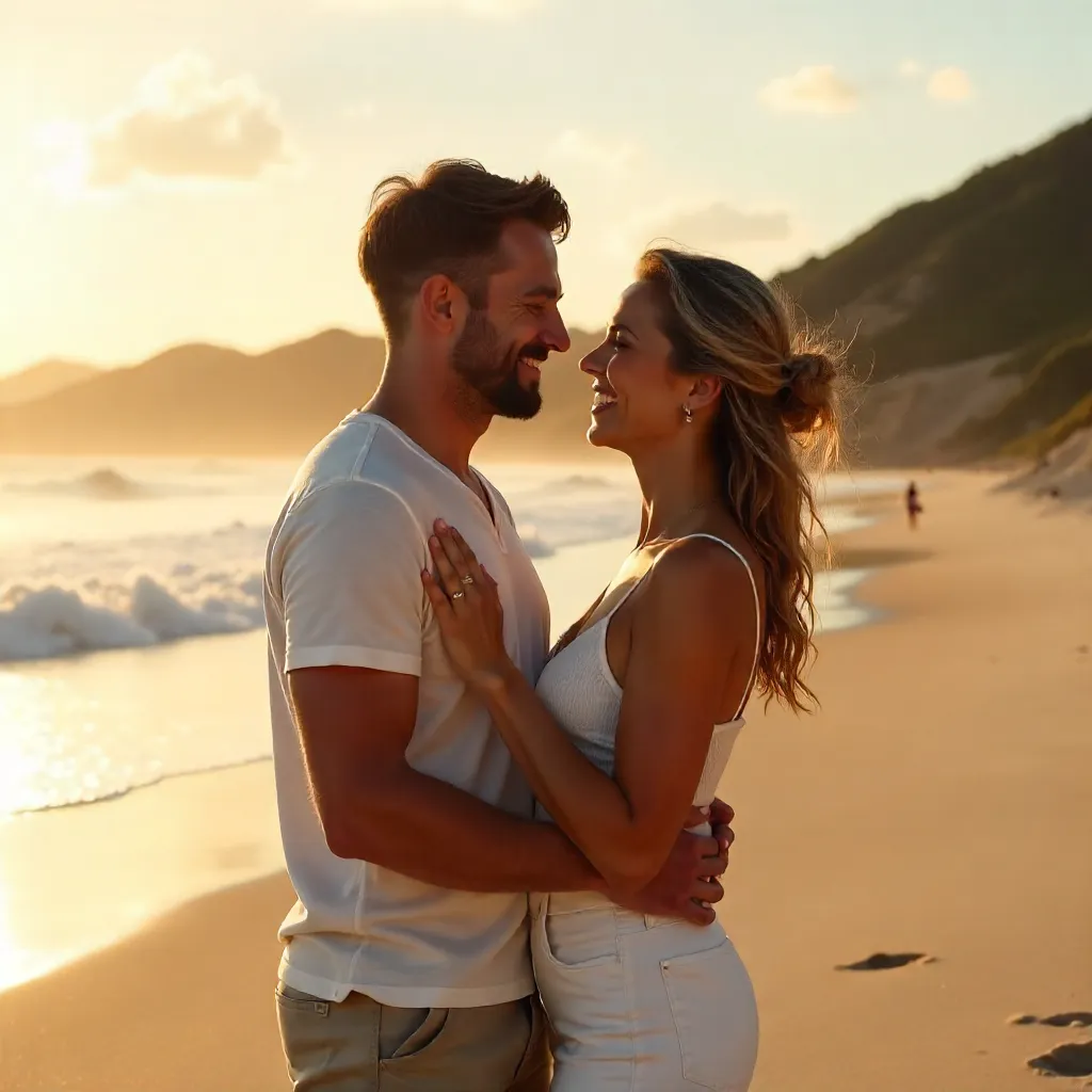 Joyful Beach Embrace Amid Scenic Hills