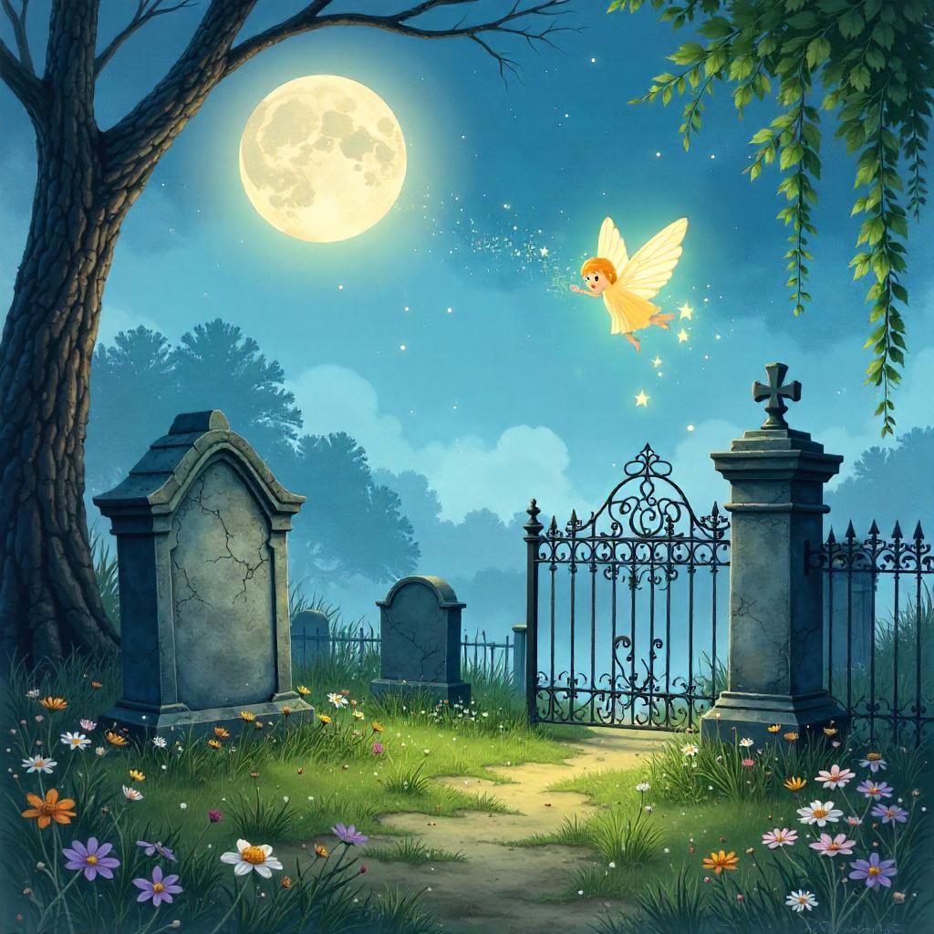 Watercolor Sprite in a Moonlit Graveyard
