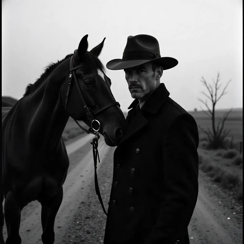 Midnight Silence: Man in a Hat and a Horse