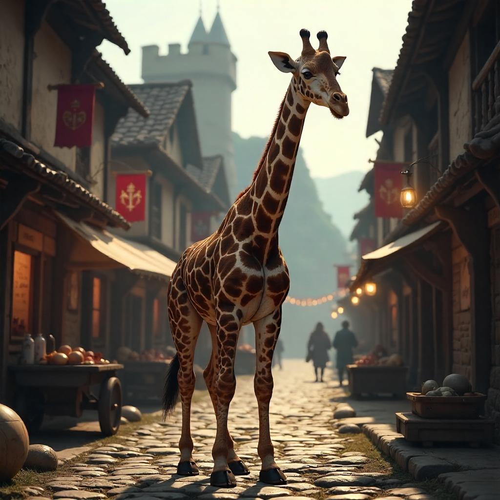 Giraffe in a 3D Medieval Village Scene