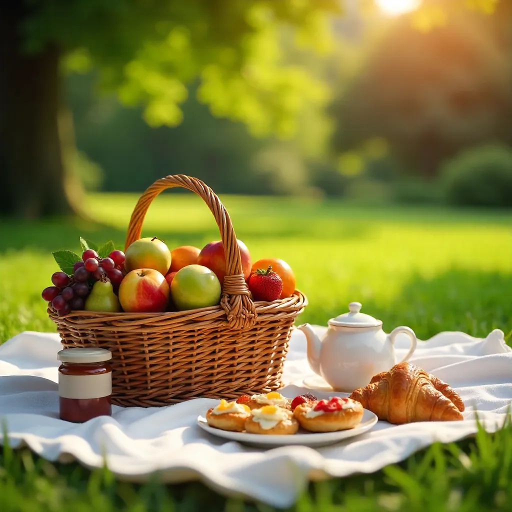 Sunny Picnic: Fruit Basket and Pastries on White Blanket